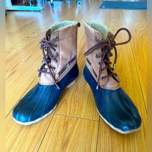 Vintage Sperry Top Sider Women's Duck Boots Rain Boots Sz 8.5, Navy and Tan